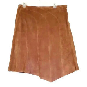 Suede‎ 100% leather asymmetrical skirt made by I.E size 14 side zip brown